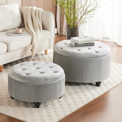 29'' & 24.5'' Round Storage Ottoman Coffee Table Set of 2, Light Gray by YYWHOME