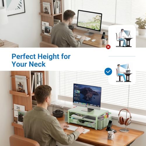OPNICE Desk Organizer and Accessories, 2-Tier Computer Monitor Stand Riser with Drawer and 2 Pen Holders, Laptop Stand, Office Desk Accessories for Office Supplies, Light Green - Image 3
