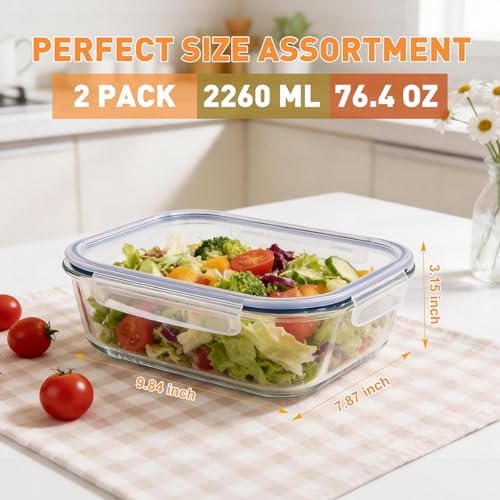 2 Pack 2260ml/76.4oz Extra Large Glass Food Storage Containers with Lids, Large Meal Prep Containers for Whole Chicken, Roasts, Family-Size Meals, Oven, Microwave, Freezer & Dishwasher Safe, BPA Free - Image 3