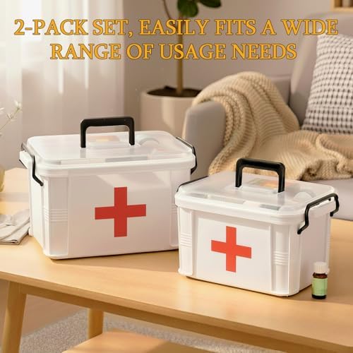 2 Pack Clear Medicine Organizer Box with Handle, Plastic Medicine Container with Tray First Aid Box Empty, Thickened Medicine Storage Organizer Multipurpose Medication Organizer Storage, White - Image 4