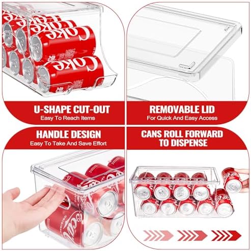 SCAVATA 2 Pack Stackable Refrigerator Organizer, Soda Can Dispenser Pop Cans Container Beverage Holder with Lid for Fridge, Freezer, Kitchen, Clear Plastic Storage Bins-Holds 10 Cans Each - Image 3