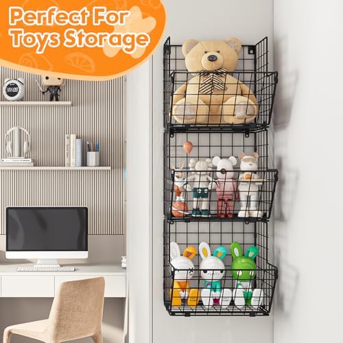 X-cosrack Metal Wire Basket Wall Mount, 3 Tier Wall Storage Organizer with 5 S Hooks, Kitchen Fruits and Vegetables Bin Toys Organizer Hanging Basket Black (S (10.83" L x 10.63" W x 30" H)) - Image 4