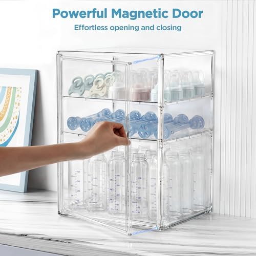 HBlife Baby Bottle Storage Organizer for Countertop Cabinet, 3 Tiers Adjustable Clear Acrylic Bottles Storage Station Case Box Container with 2 Removable Dividers and Magnetic Door, XXL - Image 4