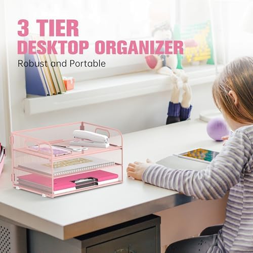 DALTACK 3 Tier Paper Organizer for Desk, Sliding Paper Trays, Pink - Image 2