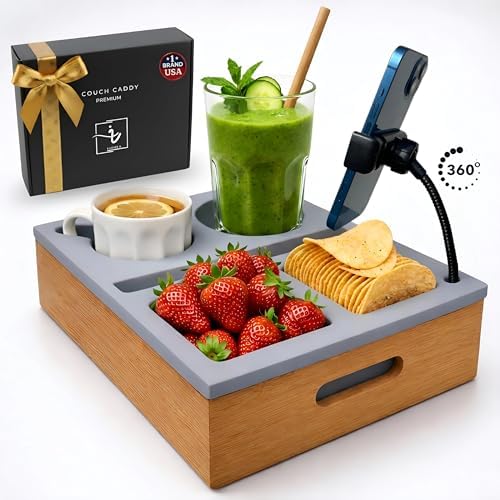 Couch Caddy with Cup Holder | Wood Couch Cup Holder Tray for Drinks, Snacks & Remotes | Sofa Couch Organizer with Phone & Cup Holder Tray (Grey) by Unknown