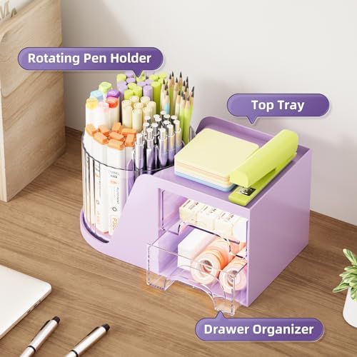 Marbrasse Desk Organizer with 2 Drawer, 360°Rotating Pen Holder, Desk Organizers and Accessories with 6 Slots Pencil Holder + 2 Drawer, Art Supply Storage Box Caddy for Office (Purple) - Image 2