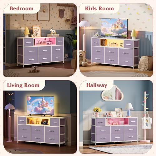 WLIVE LED Dresser TV Stand for 55 Inch TV, 8 Fabric Drawers, Purple Dresser - Image 3