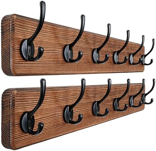 Dseap Wall Mounted Coat Rack: 24" Long, Patented, Heavy-Duty, 6-Double-Hooks Wooden Hanger Rail for Winter Coats, Hat, Jacket, Clothing - Natural & Black, Pack of 2 by Dseap