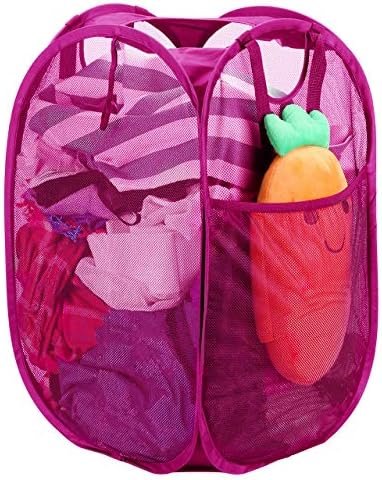 HOUSE AGAIN Strong Mesh Pop Up Laundry Hamper, 70L Collapsible Laundry Basket with Steel Frame, Double‑Stitched Handles & Side Pocket, Foldable Dirty Clothes Hamper for Dorm, Bedroom, Pink by HOUSEAGAIN