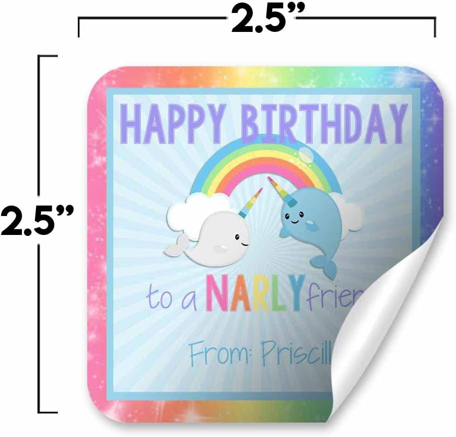 Custom & Personalized Narwhal Unicorn of The Sea Happy Birthday Gift Tag Sticker Labels, 24 2.5" Square Stickers by Amanda Creation