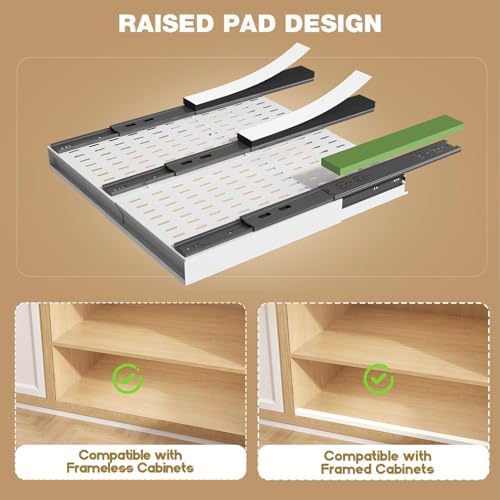 Seinloes Pull Out Cabinet Organizer, 4-Side Expandable to Fit Most Cabinets, 3 Rail Slide Out Drawers with Raising Pad for Framed & Frameless Cabinets, 13"-21" W x 17"-24" D, White, 2 Pack - Image 4