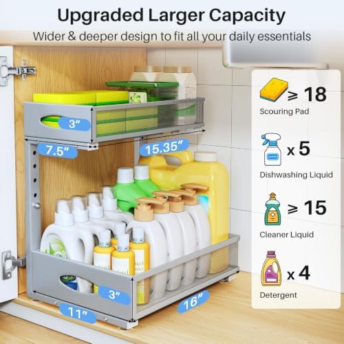 Under Sink Organizer, 2 Pack 2 Tier Pull Out Under Cabinet Organizer Shelf with Pad for Framed Cabinets, Metal Slide Out Under Sink Storage, Mesh Sliding Drawers for Kitchen Bathroom Laundry, Grey - Image 3