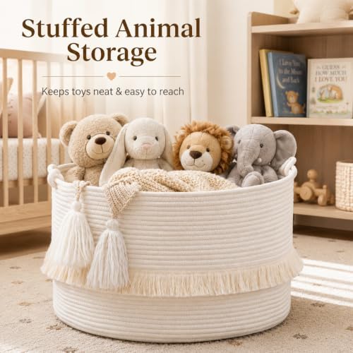 KAKAMAY Large Blanket Basket (20"x13"),Woven Baskets for storage Baby Laundry Hamper, Cotton Rope Blanket Basket for Living Room, Laundry, Nursery, Pillows, Baby Toy chest (White) - Image 4