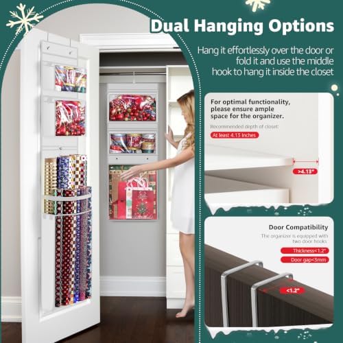 Hanging Wrapping Paper Organizer Storage, Over Door Gift Wrap Roll Holder - Image 2