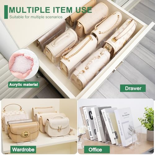 3 Pack Acrylic Purse Organizer for Closet, 12-Slot Bag & Purse Organizer, No Assembly, Clear Handbag Storage Shelf .for Shelf Divider Handbags, Clothes, Sweater - Image 4