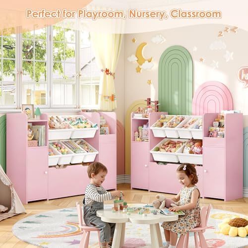 55'' Toy Storage Organizer & Kids Bookshelf with Large Wood Toy Chest, Pink - Image 5