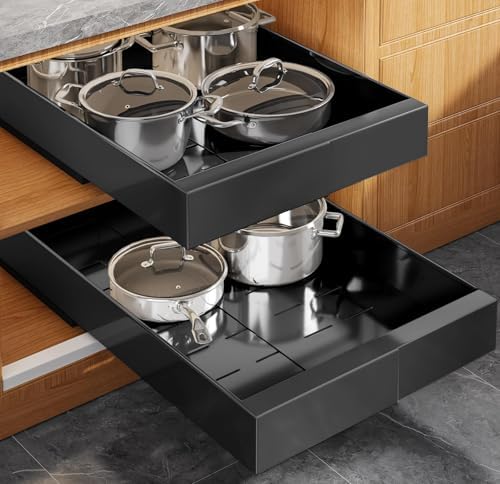 Seinloes 2 Pack Expandable (9"-14") Pull Out Cabinet Organizer 21" Deep With Raising Pad for Framed Cabinets,Upgrade 3 Slide Rails Slide Out Drawers,No Drill Roll Out Shelves Adhesive,Black by Seinloes