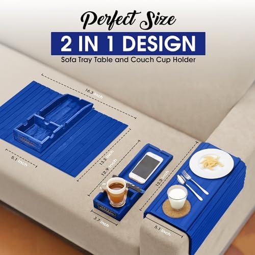 Couch Cup Holder, 2 Cork Coasters, Anti-Slip Foldable Couch Arm Tray Blue - Image 3
