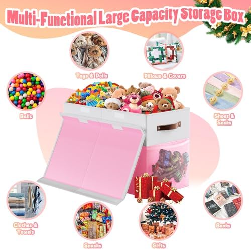 Large Toy Storage Box with Lid & Dividers, Kids Toy Chest, Pink and White - Image 3