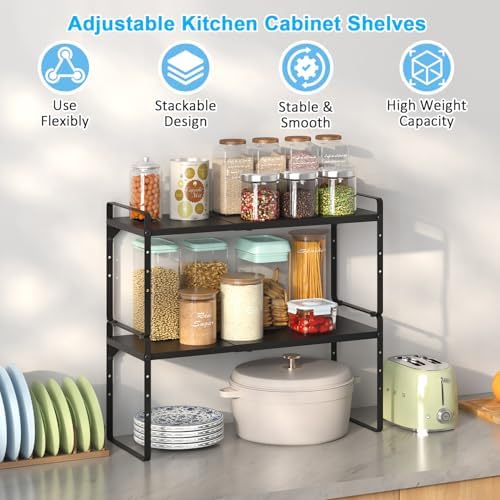 Set of 2 Expandable Cabinet Shelf Organizer, Stackable Kitchen Countertop Shelves Spice Racks, Small Metal Storage Shelf For Cupboard Counter Tabletop, 30 LBS Heavy Duty, Adjustable, 13.8" to 21.6" - Image 3