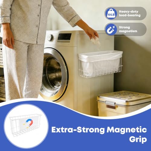 Magnetic Holder for Wool Dryer Balls & Lint Bin (2-Pack, White) – Extra Long 14.2" & 10.4" Metal Laundry Trash Can – Washer Side Organizer with 4 Magnetic Hooks (Balls Not Included) - Image 5