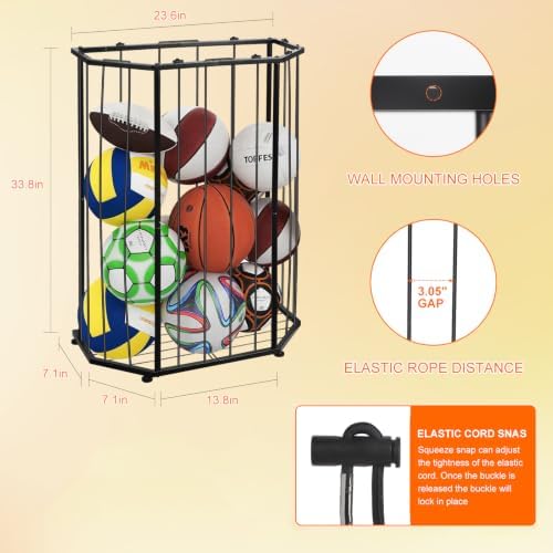 Garage Ball Storage Holder,Elastic Cord Design Can Floor-Standing & Wall-Mounted Use,Used for Basketball,Footbal,Volleyball,Rugby,Home or Outdoors Sports Equipment Storage Ball Rack。(Black) - Image 3