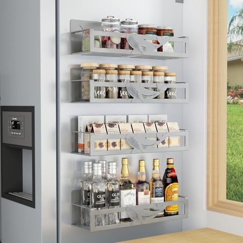 Magnetic Spice Rack for Refrigerator, 4 Pack Metal Magnetic Shelf Organizer for Fridge Side, Strong Spice Storage Rack for Kitchen, Gray by AURIKAR