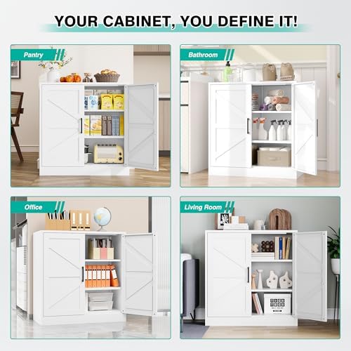 White Storage Cabinet with Doors and Adjustable Shelves,36" Farmhouse Food Pantry Cabinets,Small Sideboard Cabinet,Short Metal Storage Cabinets for Home Kitchen,Dining/Living/Laundry/Room - Image 5