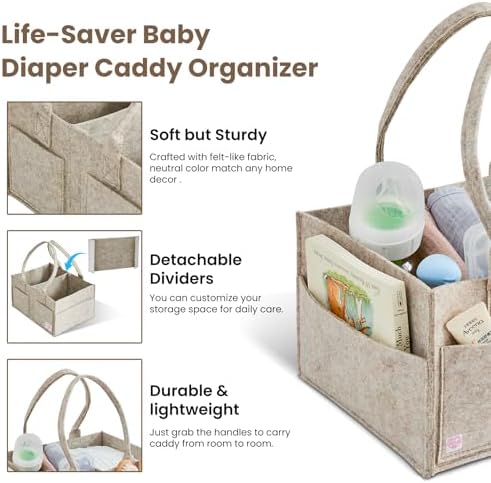 Upgraded Baby Diaper Caddy Organizer, Portable Nursery Storage Bin with Handle, Side Pockets Car Organizer for Diapers and Baby Wipes Essentials, Registry Gift Baskets (1Pcs-Large-Oatmeal) - Image 3