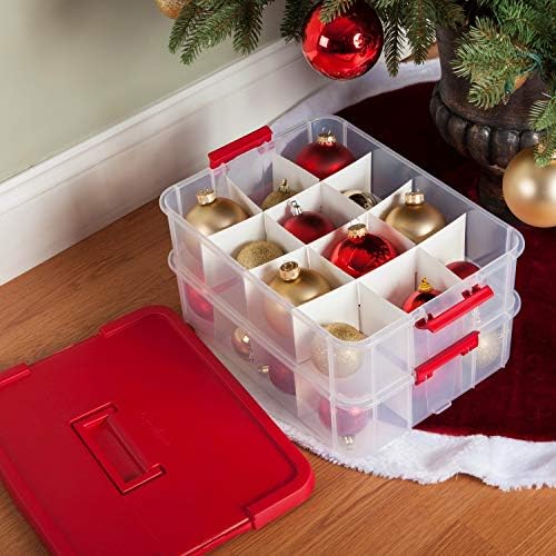 Sterilite 1427 Stack & Carry 2 Layer 24 Ornament Storage Box, Red Lid and Handle, See-through layers - Image 2