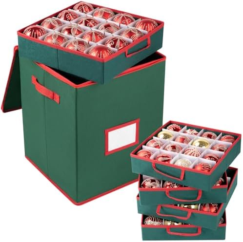 OIAHOMY Ornament Storage Box Holds 80 Christmas Ornaments, Christmas Ornament Storage Include Trays and Zippers, Ornament Organizer with Handle, Made of 600D Oxford Fabric - Green by MasterofSpaceOptimization