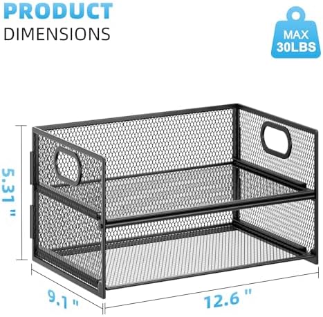 Marbrasse 2 Tier Paper Organizer Letter Tray, Mesh File Organizer with Handle, Paper Sorter Desk Organizer for Home Office Supplies - Black - Image 4