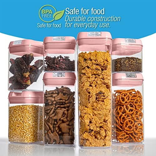 Set of 7 Airtight Food Storage Containers - Pantry Organizer Bins, BPA Free Plastic Containers plus Dry Erase Marker and Labels, Pink - Image 2