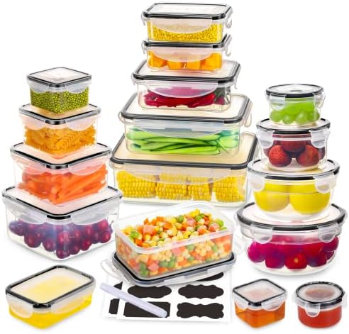 34 PCS Food Storage Containers Set with Airtight Lids (17 Lids &17 Containers) - BPA-Free Plastic Food Container for Kitchen Storage Organization, Fruit Meal-prep Containers with Labels & Marker by JSCARES