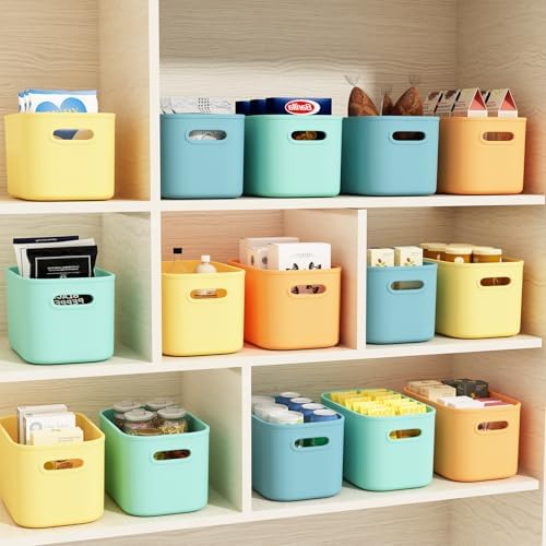 ORGIDOL 12 Pack Colorful Plastic Storage Bins, Storage Container for Organizing, Colored Storage Boxes with Handle for Shelves, Cute Organizer Bins for Craft, Snacks, Cabinet, 9.69x6.7x5.7 inch - Image 2