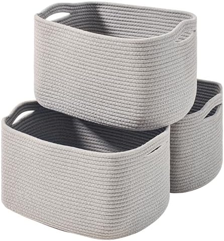 ICERZCZ Storage Baskets for Organizing Shelves, Woven Cotton Rope Bins for Baby Nursery Organization, Book Toy Towel Organizer, 15"x11"x9.5", 3 Packs, Grey by ICERZCZ