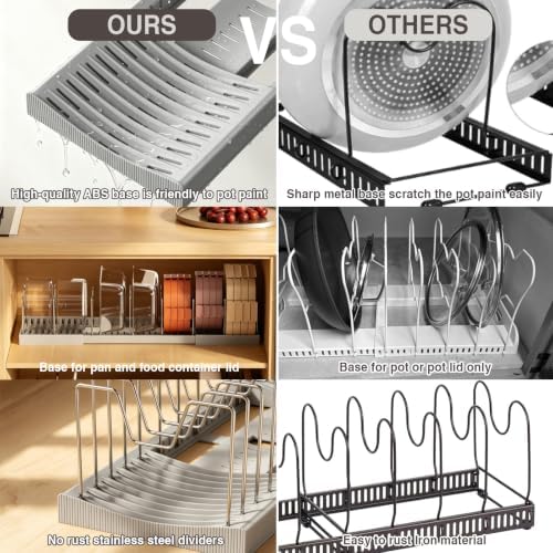 Magheo Pots and Pans Organizer Under Cabinet, Expandable 12.6"-22.8" Kitchen Cabinet Organizer Holder with 10 Adjustable Dividers for Food Storage Container Lid, Cookie Sheet, Cookware(1 Pack, Gray) - Image 6