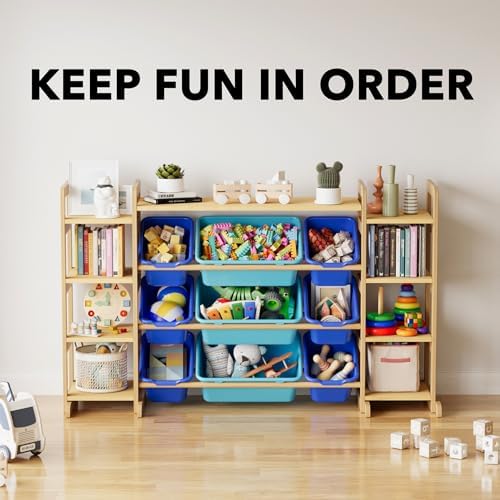 SpaceAid Large Toy Storage Organizer 9 Shelves 9 Bins, Toy Organizers Storage Bookshelf, Kids Bin Shelf Toys Box Bookcase for Bedroom Playroom Organization Room Decor, Blue and Navy Blue - Image 6