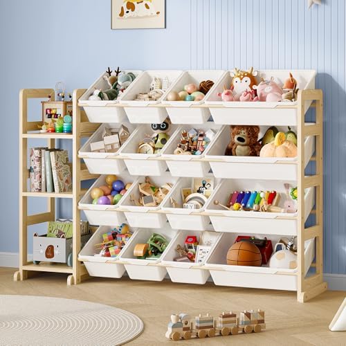 EXPERLAM Toy Storage Organizer, Toy Storage Shelf with 3 Shelves and 16 Storage Bins (12 Small + 4 Large), 3-in-1 Kids Bookshelf for Kids Rooms, Playroom, Nursery, White by EXPERLAM
