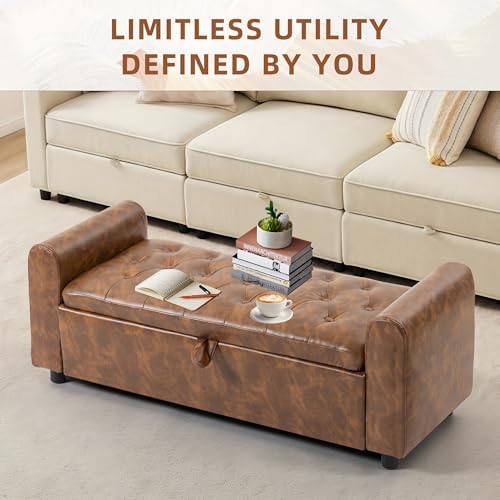 48" Ottoman with Storage, Tufted Storage Ottoman Bench, Convenient Living Room Fabrics Bench Seat, Entryway Shoe Benches with Inner Zipper & Arm, Rivetless Upholstered Window Seat Ottomans, Brown - Image 5
