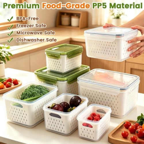 TBMax 8 Pieces Airtight Fruit Storage Containers for Fridge with Air Circulation Vent, 4 Pack Produce Saver with Colander for Berry Lettuce Salad Vegetable Storage, Refrigerator Organizers - Image 5