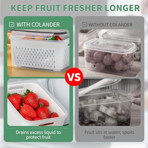 3 Pcs Fruit Containers for Fridge, Strawberry Storage Containers for Fridge, Food Storage Container with Airtight Lid, Removable Colander Basket for Rinsing and Draining, Keep Produce Fresh Longer - Image 4