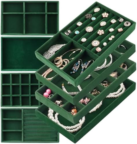 Jewelry Drawer Organizer, 8 Set of Stackable Velvet Organizer Tray, Drawer Inserts for Jewelry Organization, Showcase and Safely Store Your Collection with Elegance and Sophistication (Green) by ERLSTE