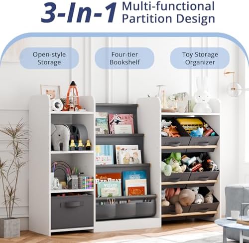 Kids Bookshelf and Toy Storage with 7 Removable Bins, 51 inch, White - Image 3