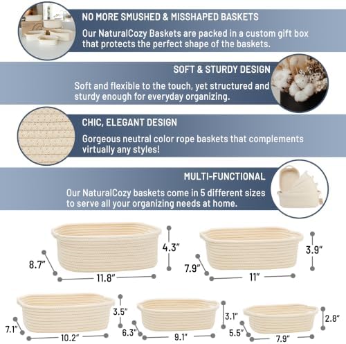 NaturalCozy 5-Piece Rectangle Storage Basket Set- Natural Cotton Rope Woven Baskets for Organizing! Small Basket for Montessori, Baby Nursery, Dog Toy Baskets, Cat Toy Box, Bathroom Organization Bin - Image 2