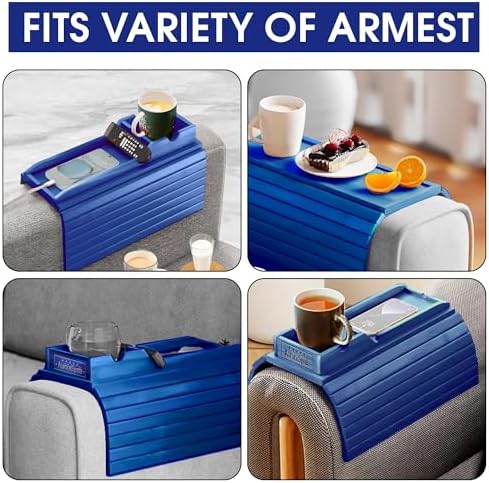 Couch Cup Holder, 2 Cork Coasters, Anti-Slip Foldable Couch Arm Tray Blue - Image 6