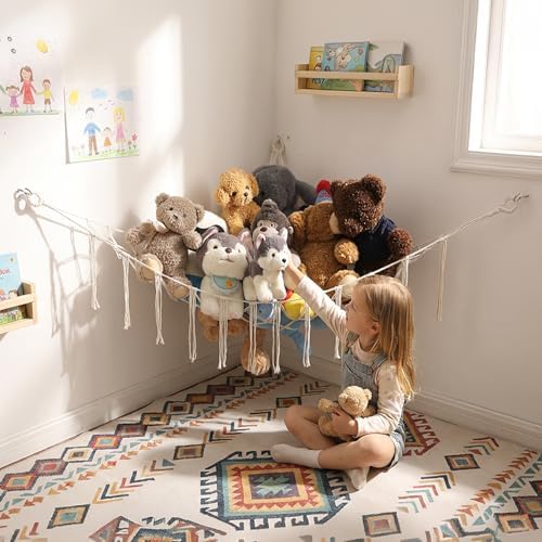 YKBU Stuffed Animals Hammock Corner Hanging Net Macrame Stuffed Animal Storage Plush Toy Holder Toy Organizer for Boho Nursery Playroom Bedroom Kids Room (cream, Large) by YKBU