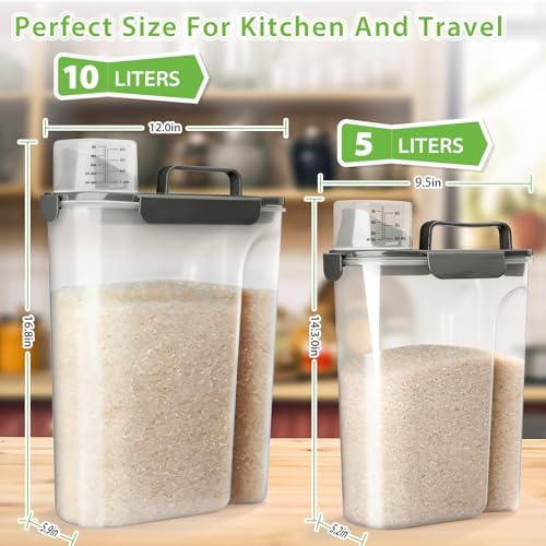 Viretec Rice Storage Container, 15 to 20lb Dry Food Airtight Dispenser, Pet Dog Cat Food Canister, BPA Free Clear Plastic Kitchen and Pantry Bin for Oatmeal, Cereal, Pasta, Flour Pack of 2 Grey - Image 3