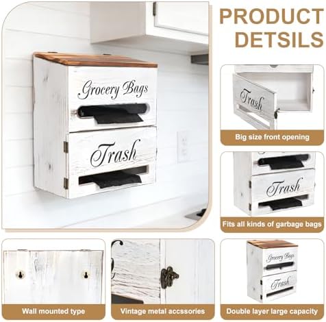 2 in 1 Trash Bag Dispenser, Double Wall Mounted,Wood Trash Bag Holder, used in kitchen, garage, laundry room, can store Environmentally friendly food bags (Vintage/Large(10inch*5.5inch*12.2inch）) - Image 3