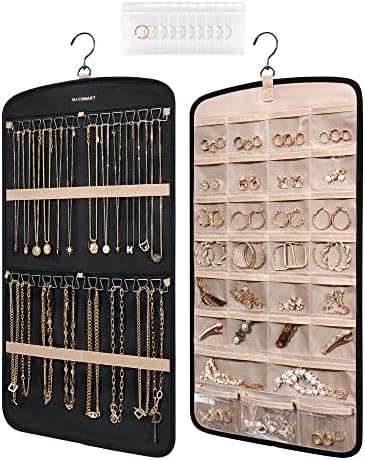 BAGSMART Hanging Jewelry Organizer, Necklace Holder Anti-tangle Earrings Rings Hanger with 10 Jewelry Bags Travel Storage Roll with Pockets Hang on Closet, Wall, Door,1 Piece, Small, Black by BAGSMART